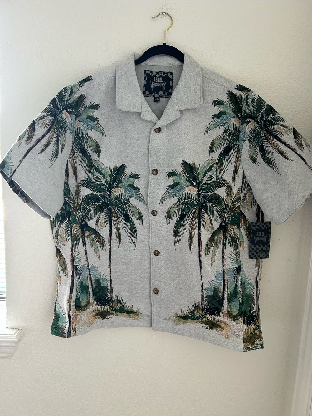 Rebel Vengeance Men XXL Palm Tree Hawaiian Shirt Tropical Tapestry Jacquard NWT